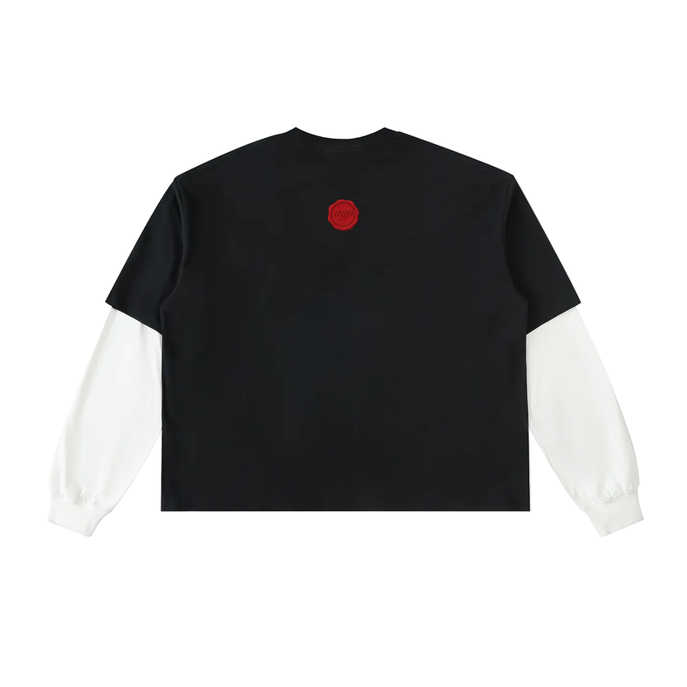 Black t-shirt with white sleeves on a white background