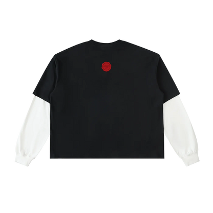 Black t-shirt with white sleeves on a white background