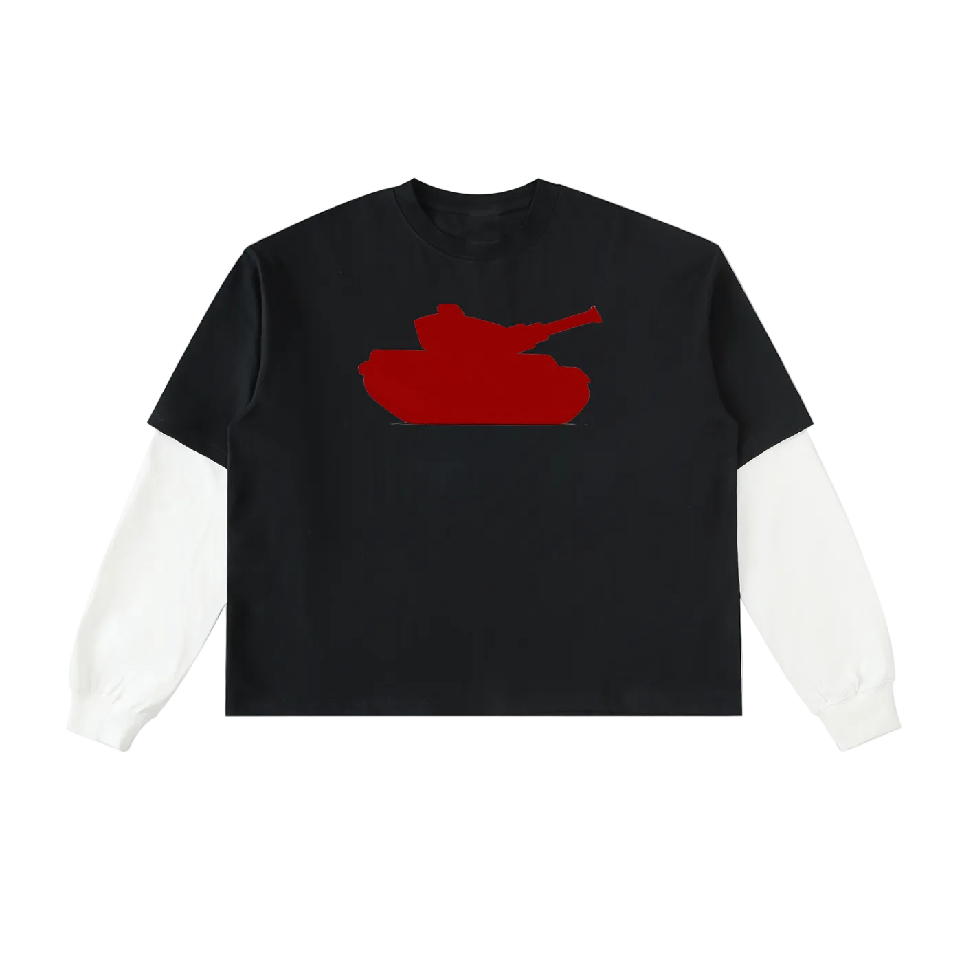 Black t-shirt with a red tank graphic on a white background