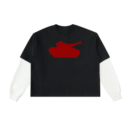 Black t-shirt with a red tank graphic on a white background